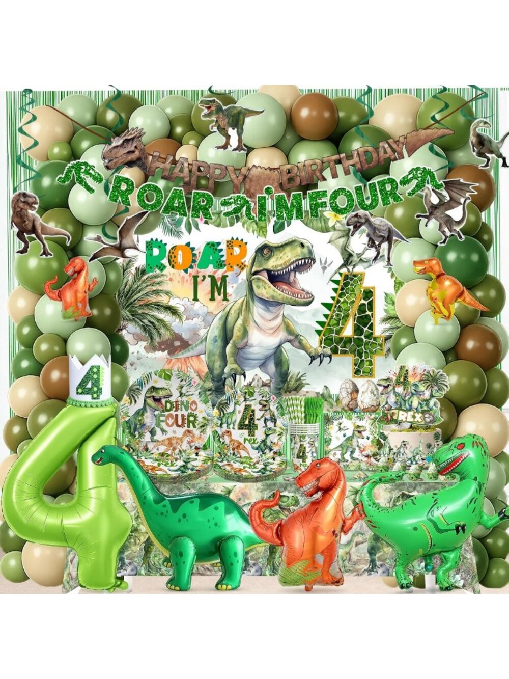 Dinosaur Birthday Party Decorations Set for 4-Year-Old Boy - Tableware, Backdrop